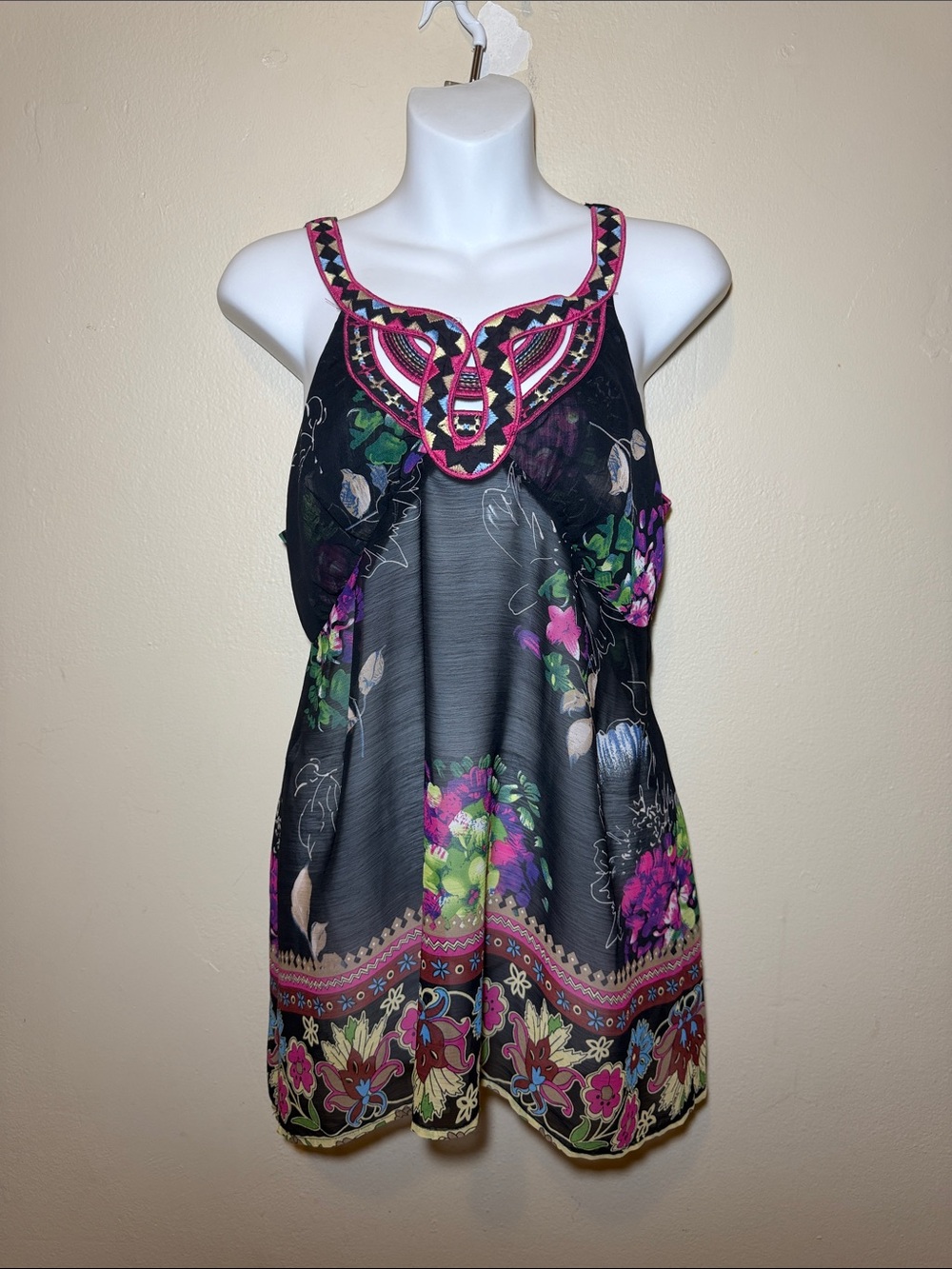 Lulumari Black Floral  with Pink Embroidered Neckline